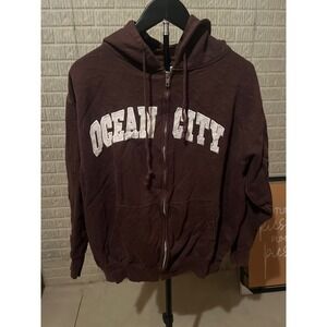 Ocean City Full‎ Zip Up Hoodie Sweatshirt Brown Embroidered Spell Out Large